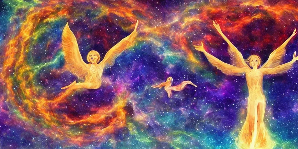 Prompt: Flying with the astral body to the oniric world. Magical, astral, cosmic. Inspiring , beautiful and symbolic.