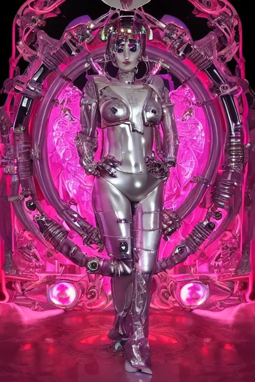 Prompt: full-body baroque and bladerunner style pink neon and chrome statue of a beautiful pale priestess robot goddess humanoid wearing a see-through silk kimono, glowing peach face, street hoody of red steampunk lasers, emeralds, swirling silver silk fabric. futuristic elements. oozing glowing liquid, full-length view. space robots. human skulls. throne made of bones, intricate artwork by caravaggio. Trending on artstation, octane render, cinematic lighting from the right, hyper realism, octane render, 8k, depth of field, 3D