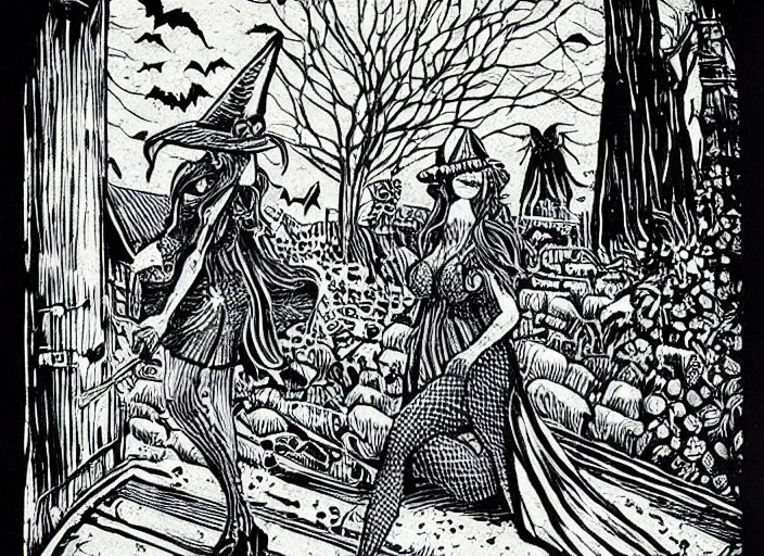 Prompt: blue woodcut print, sexy cartoon halloween witch in graveyard at midnight, fine details, highly detailed