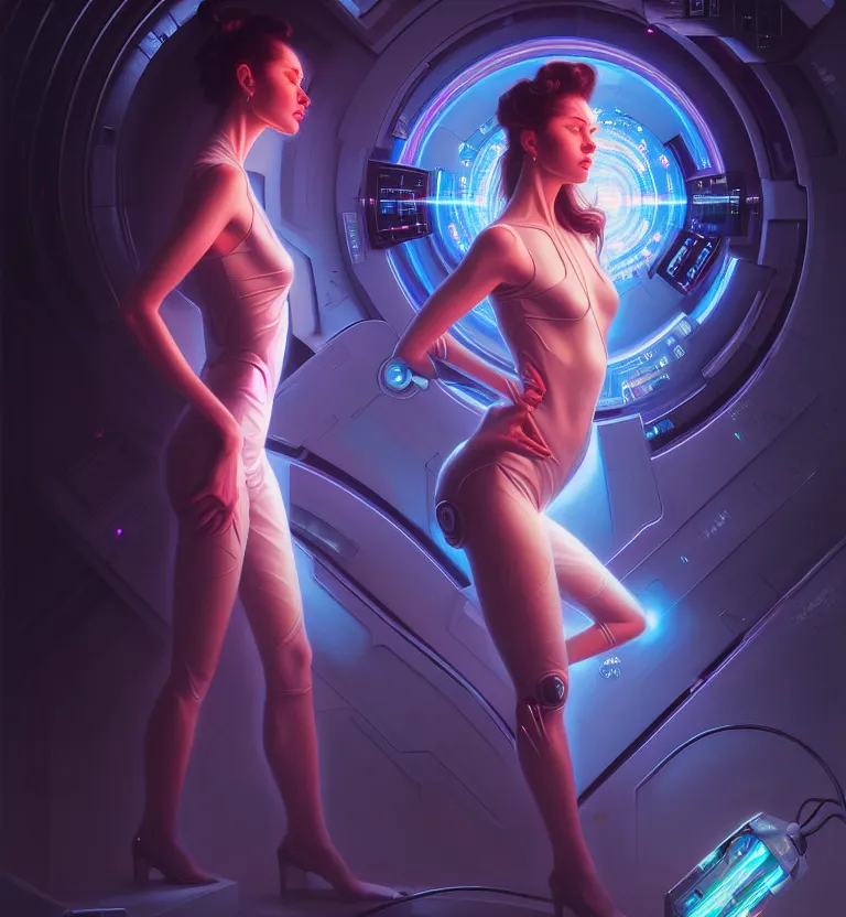 Image similar to beauty woman in holograms of alien robotic artifacts, electrical case display, total recall tech, ultrarealistic, dramatic lighting, electrical details, high details, 4k, 8k, best, accurate, trending on artstation, artstation, photorealism, ultrarealistic, digital painting, style of Peter Mohrbacher, Hajime Sorayama, Caravaggio, Boris Vallejo