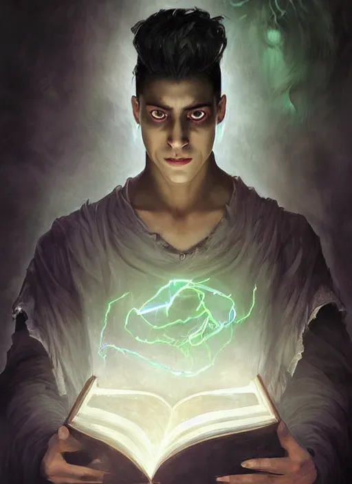 Prompt: character concept portrait of a handsome young twisted dark hispanic wizard with olive skin and glowing eyes casting a reanimation spell, a floating iridescent spell book in the center, intricate, elegant, digital painting, concept art, smooth, sharp focus, illustration, from Metal Gear, by Ruan Jia and Mandy Jurgens and William-Adolphe Bouguereau, Artgerm