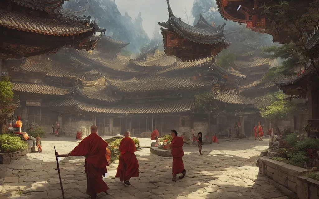 Prompt: shaolin village, sharp focus, wide shot, trending on artstation, masterpiece, by greg rutkowski, by ross tran, by fenghua zhong, octane, soft render, oil on canvas, colorful, cinematic, environmental concept art