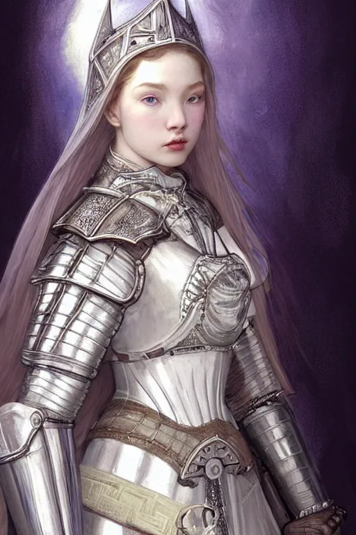 Image similar to beautiful luxury and holy and victorian and divine young female medieval white armor knight portrait like lisa blackpink+shinny eyes+front face with light flowing hair, ultradetail face, ruined gothic cathedral, art and illustration by tian zi and craig mullins and WLOP and alphonse mucha, ssci-fi, fantasy, intricate complexity, human structure, hypermaximalist, fantasy character concept, dynamic lighting, neon light, watermark, blurry, hyperrealism 8k