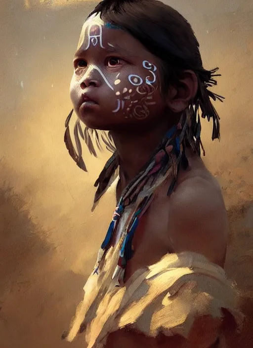 Prompt: A painting of a child-like tribal woman trending on artstation in the style of Greg Rutkowski