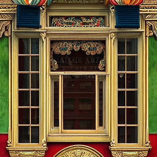 Prompt: digital illustration of a beautiful window open front view, complete window!, realistic, aesthetic, vintage frame window, ornate, russian style, colorful architectural drawing, a watercolor and matte painting by mark keathley and mandy jurgens and charlie bowater, cgsociety, artdeco, utopia art, bold colors, sci - fi, artstation hq