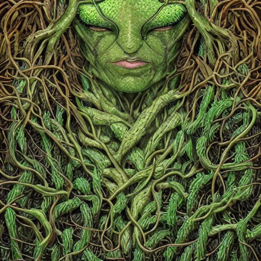 Prompt: 'straggled humanoid amalgamation of leaves and plants, face made of vines, swamp thing, detailed portrait, intricate complexity, Dan Mumford, quixel megascan' H 768
