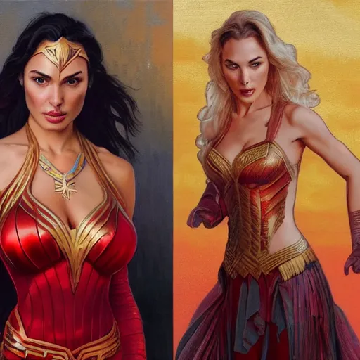 Prompt: lindsey pelas and gal gadot wearing a red kebaya, digital painting, artstation, concept art, sharp focus, illustration, art by artgerm and greg rutkowski and alphonse mucha