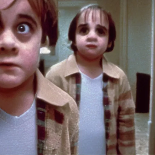 Prompt: A still of Danny Devito as the twins in The Shining (1980)