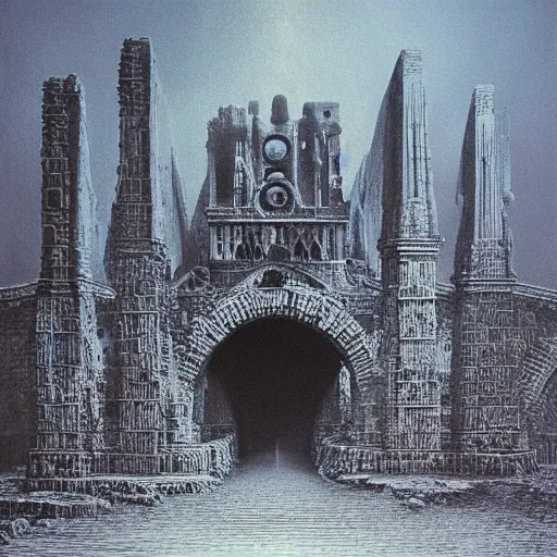 Image similar to explosion bridge, ruins, dark fantasy, arch bridge, neogothic architecture, symmetry, poster design, zdzisław beksiński, hr giger, occult mystical symbols in real life, high detail, blue fog