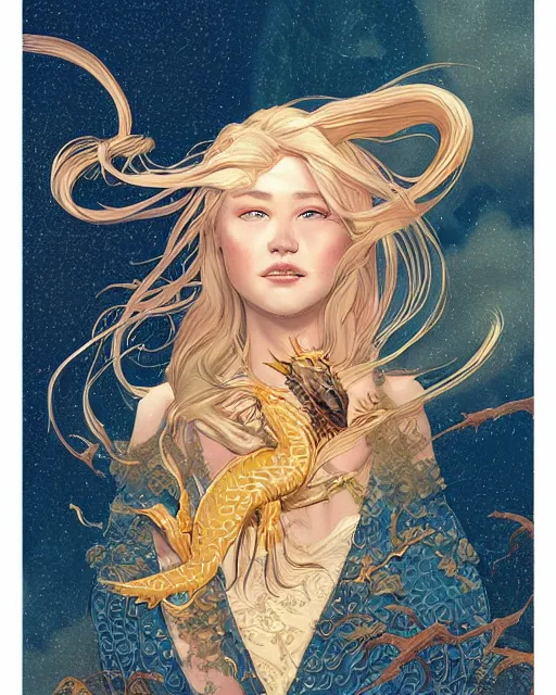 Image similar to a beautiful maiden with golden hair caressing a wyvern, close up, digital art, illustrated by james gurney and victo ngai