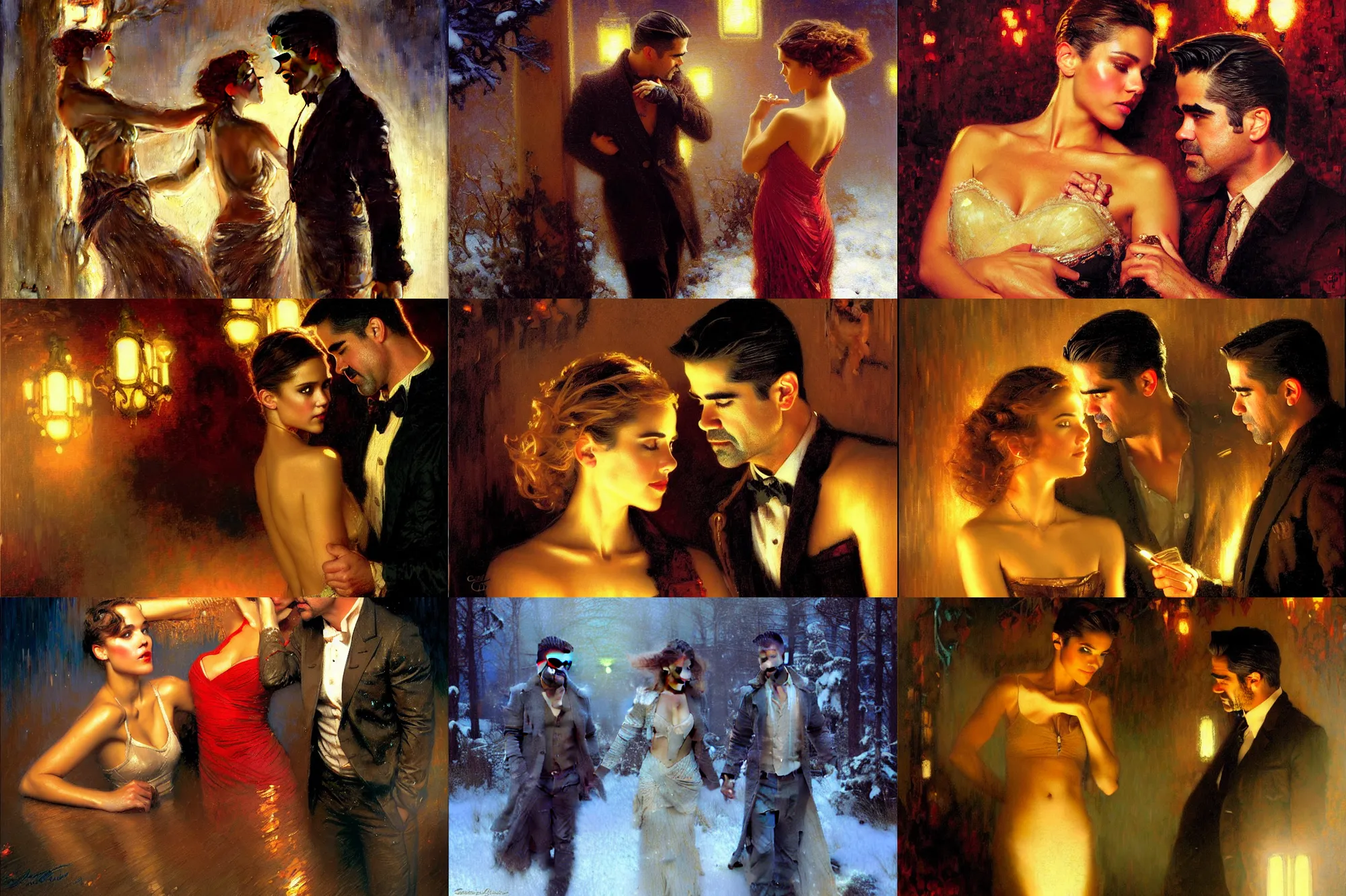 Prompt: winter romanticism, clean shaved colin farrell with jessica alba girl, neon light, painting by gaston bussiere, craig mullins, j. c. leyendecker