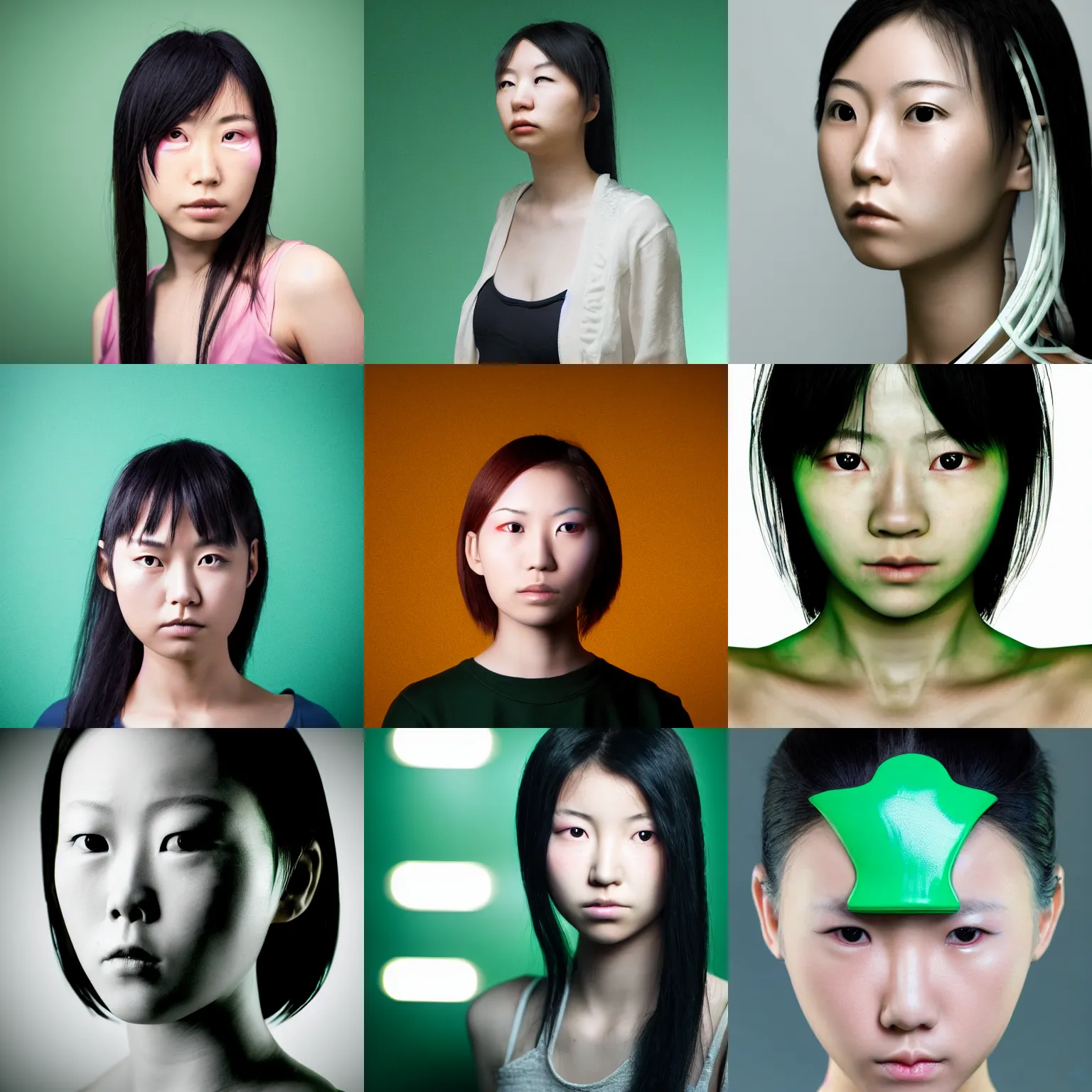 Prompt: cyberpunk style front view mug shot of a young beautiful delicate atractive japanese female, digital photography, soft studio lighting, chroma green background