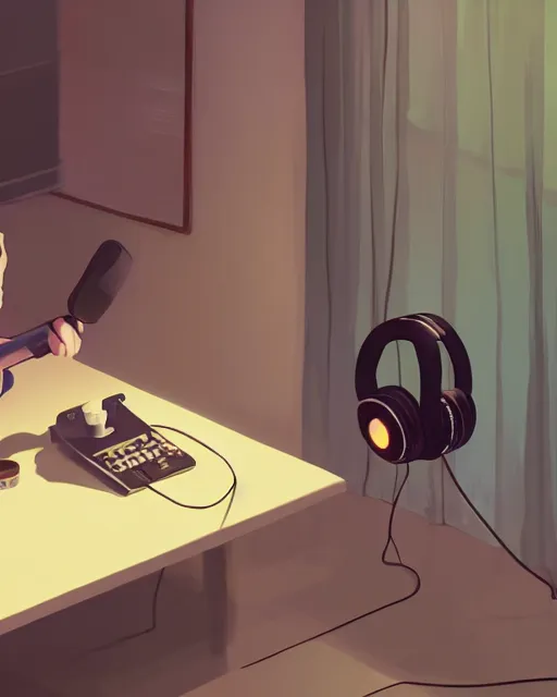 Image similar to producer making music late at night at his home studio with headphones, detailed, cory loftis, james gilleard, atey ghailan, makoto shinkai, goro fujita, studio ghibli, rim light, exquisite lighting, clear focus, very coherent, plain background, soft painting