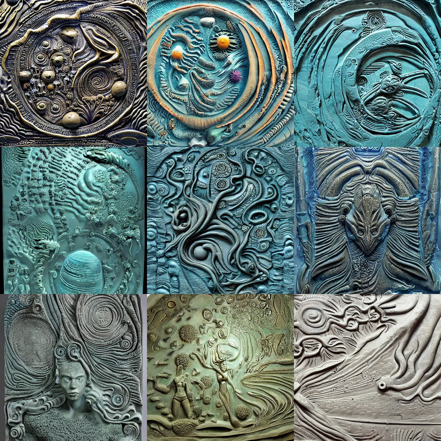 Prompt: ancient alien ocean with alien flora and fauna sci - fi, high - relief sculpture scene, highly detailed