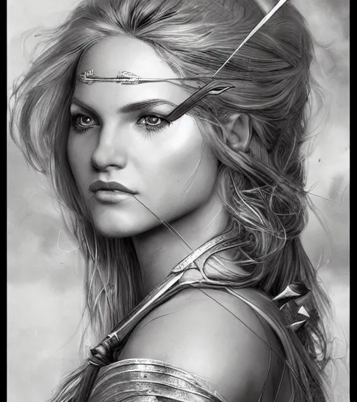 Prompt: portrait of beautiful aphrodite goddess as an archer warrior, arrow, beautiful piercing eyes, flowing blonde hair, realistic face, black and white drawing, in the style of greg rutkowski, fantasy, amazing detail, epic, intricate, elegant, smooth, sharp focus