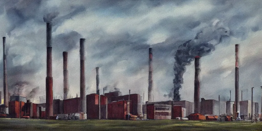 Image similar to a depressing and quite sad painting of a factory with smoke stacks billowing into a sky the color of a tv turned to a dead channel ; highly detailed