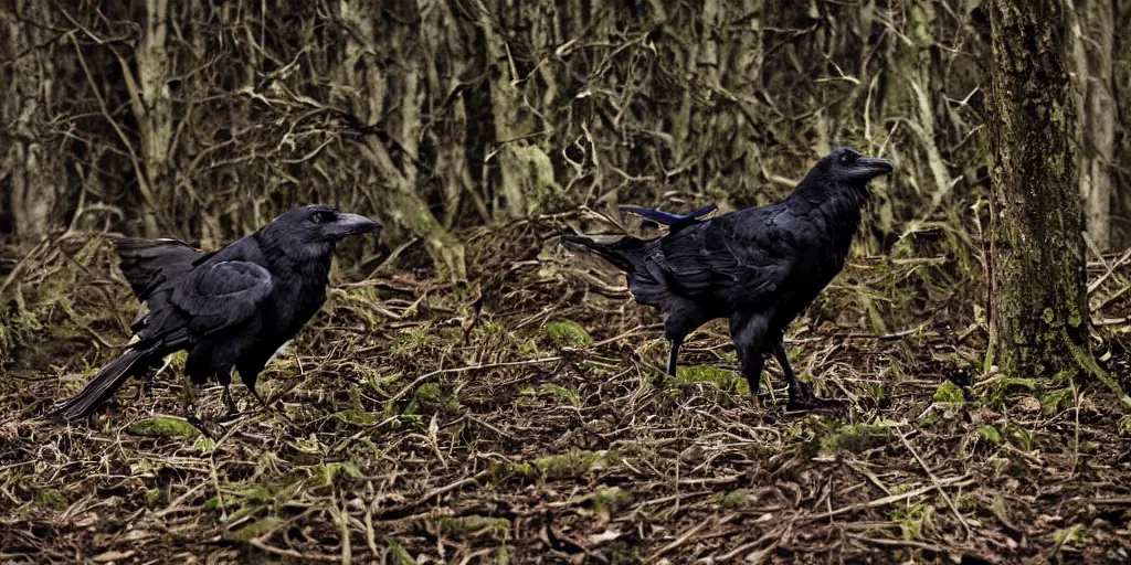 Image similar to mixture between an crow and! wolf,! single - subject, photograph captured in a dark forest