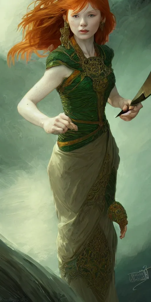 Image similar to ginger girl with problems dringing in an ancien taver and playing with a knife, magic the gathering, ancient, sand, emerald, intricate, highly detailed, digital painting, artstation, concept art, smooth, sharp focus, illustration, Unreal Engine 5, 8K, art by artgerm and greg rutkowski and alphonse mucha