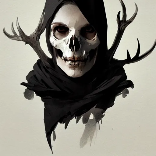 Prompt: portrait of a character wearing a black cloak, with a white deer skull mask, dramatic lighting, illustration by Greg rutkowski, yoji shinkawa, 4k, digital art, concept art, trending on artstation
