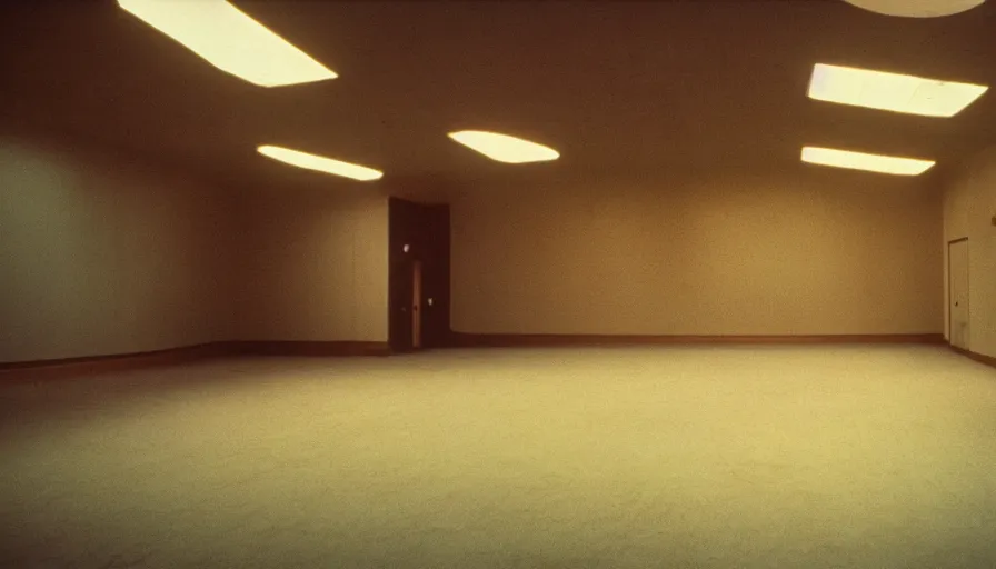 Prompt: 70s movie still of a high ceiling empty ballroom , cinestill 800t Technicolor, heavy grain, high quality, criterion collection, liminal space style