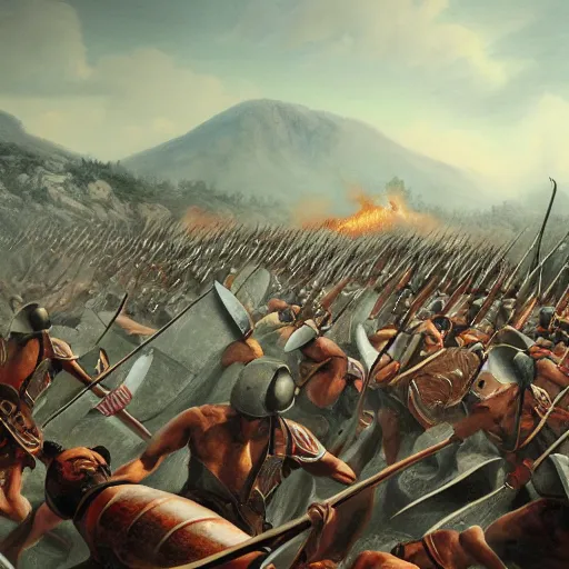 Image similar to a detailed, photorealistic painting of the battle of thermopylae, octane render