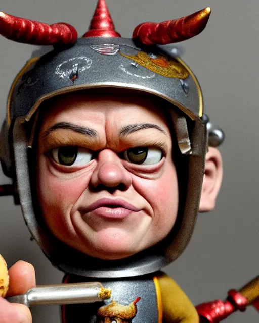 Image similar to highly detailed closeup, face profile portrait of a tin toy matt damon as a medieval demon with horns eating cakes in a castle, hyper realistic, artstation, illustration, nicoletta ceccoli, mark ryden, lostfish, dan decarlo, bob clampett, max fleischer, digital paint, matte paint, vivid colors, detailed and intricate environment