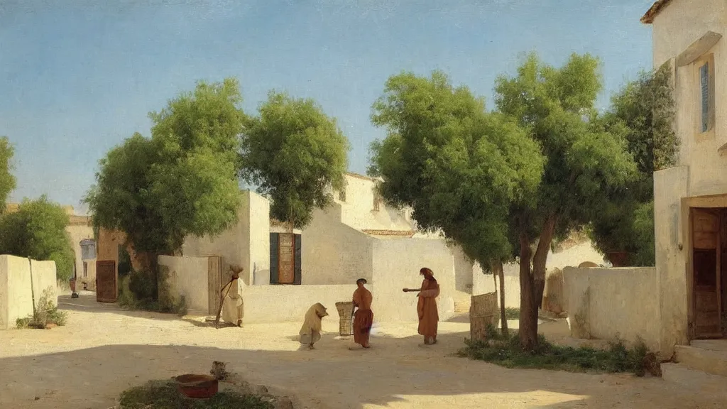 Image similar to a beautiful extremely complex painting of a street in a mediterranean village in summer by peter ilsted, whitewashed housed, tall cypress trees, blue shutters on windows, elderly woman sweeping the ground with a broom, national gallery of art highlights