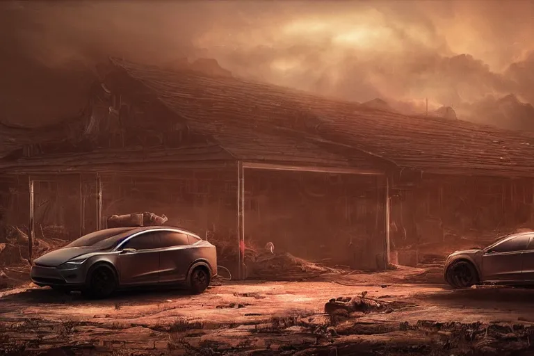 Prompt: Post-apocalyptic photo of a Tesla Model X on a rugged farm in futuristic Iowa, dramatic lighting, cinematic, establishing shot, extremely high detail, photorealistic, cinematic lighting, post-processed, concept art, artstation, matte painting, style by eddie mendoza, raphael lacoste, alex ross