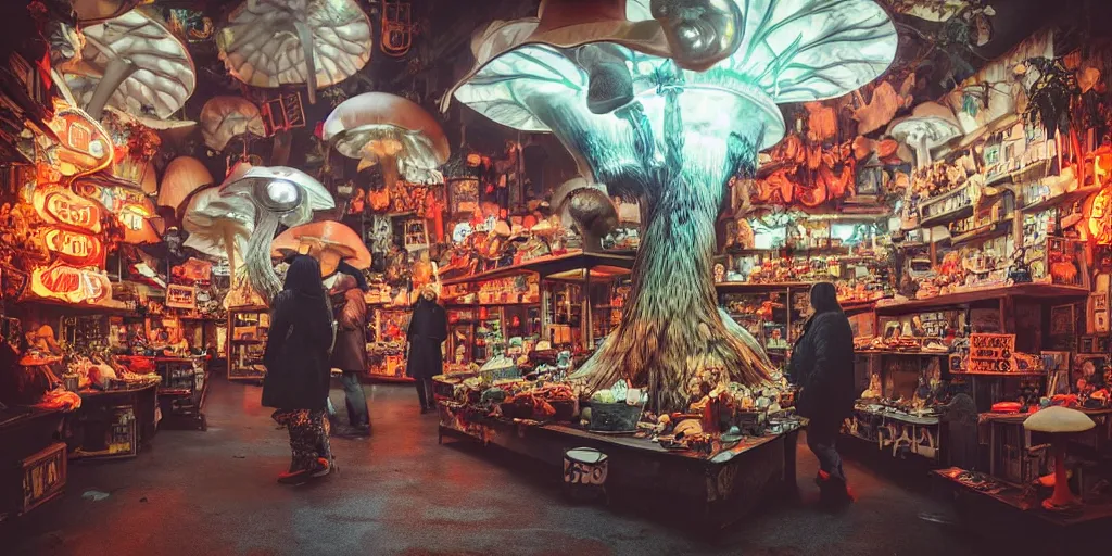 Prompt: a lively and whimsical dark fungal pawn shop, white haired skesis girls, cinematic framing, wide angle, rain lit, kawaii shop grows out from the stalk of a giant mushroom, cgsociety, siggraph, dystopian scifi, set design, oleg oprisco, conrad roset, anka zhuravleva, gediminas pranckevicius, cornell, kawasaki