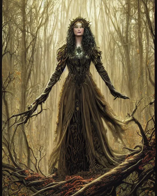 Prompt: a highly detailed airbrush painting of an evil female fantasy sorceress with piercing beautiful eyes standing on a forest meadow, dead trees, night, art by karol bak and donato giancola and mark brooks, centered, full size, hires, 4 k, high resolution, sharp focus