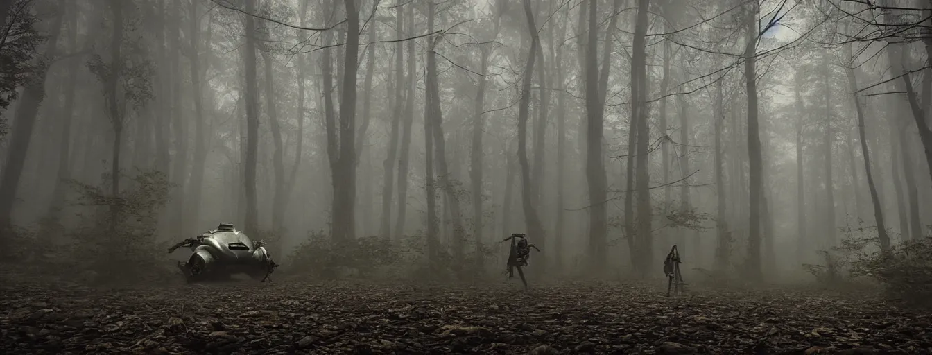 Image similar to creepy rusty robots hunting humans in dark foggy old forest in the night, postapo, dystopia style, heavy rain, reflections, high detail, dramatic moment, motion blur, dense ground fog, dark atmosphere, saturated colors, by darek zabrocki, render in unreal engine - h 7 0 4