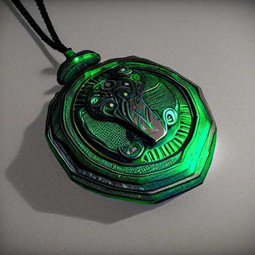 Prompt: epic metal amulet with a glowing emerald, highly detailed, concept art, beautiful, octane render, realistic, unreal engine, sharp focus