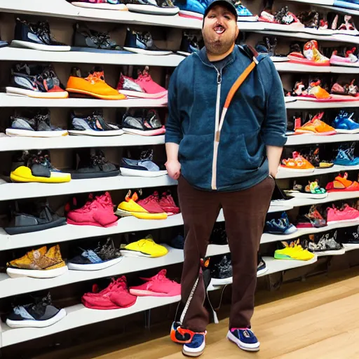 Image similar to a photograph of a man poorly cosplaying as a bear, he is in a shoe store, he is standing in between long store isles, vivid color, 50mm