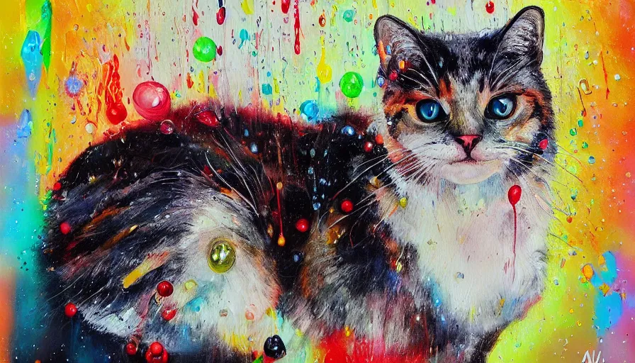 Image similar to cat, painting on canvas, watedrops, water droplets, acrylic painting, acrylic pouring, painting, influencer, artstation - h 8 0 0