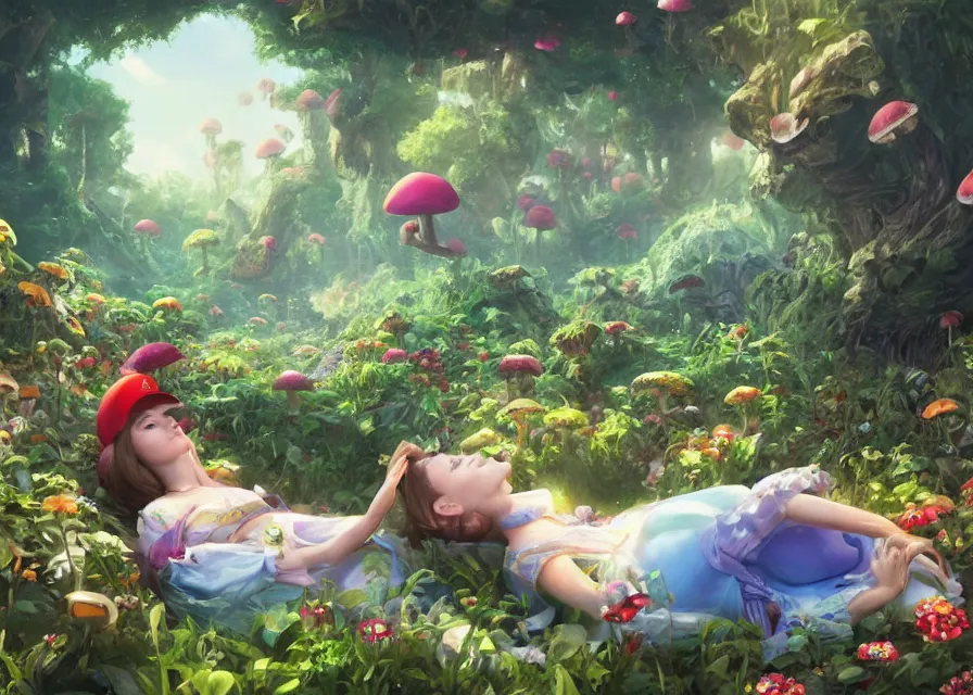 Image similar to painting of A woman laying in a sea of flora from super mario brothers, mushroom kingdom theme, trending on ArtStation, masterpiece, by Greg Rutkowski, by Ross Tran, by Fenghua Zhong, octane, clear eyes, soft render, clear facial features, oil on canvas, moody lighting, cinematic, professional environment concept art