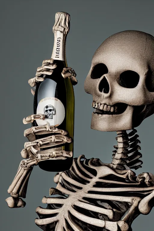 Prompt: a lady skeleton holding a bottle of champagne, high resolution film still, hdr color