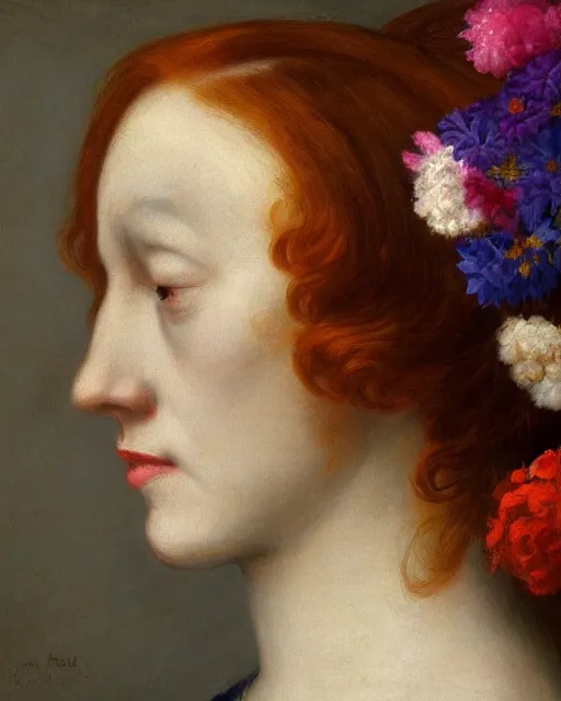 Prompt: a woman's face in profile, redhead, made of flowers, in the style of the Dutch masters, dark and moody