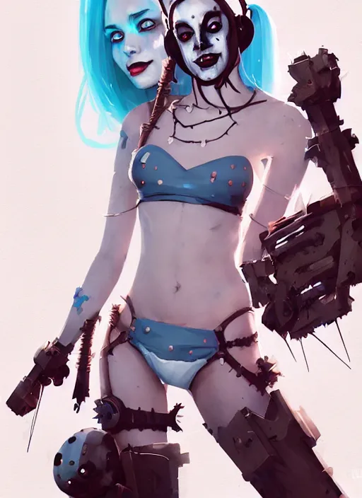 Image similar to portrait of cute harley quinn girl with crown of thorns in cyber bikini armor, warhammer, cyberpunk, by atey ghailan, by greg rutkowski, by greg tocchini, by james gilleard, by joe gb fenton, by kaethe butcher, dynamic lighting, gradient light blue, brown, blonde cream and white color in scheme, grunge aesthetic