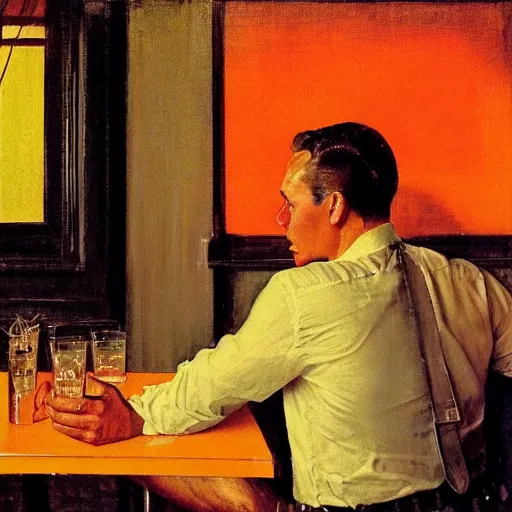 Image similar to a portrait of a man in the 1 9 6 0 s drinking alone in a bar late at night, strong dramatic orange and yellow lighting, by norman rockwell