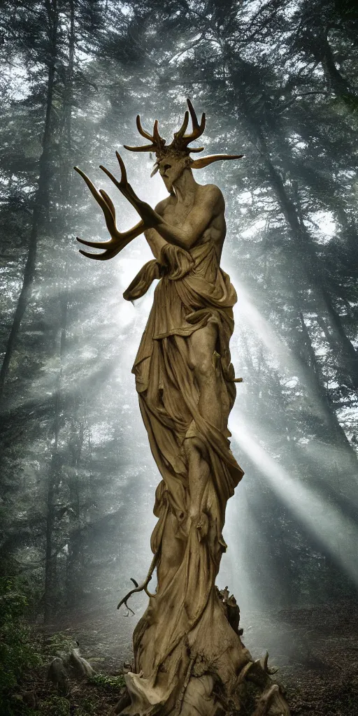 Prompt: intense gilt - edged marble statue of a pagan god with antlers by michelangelo and johnson tsang, swirls of mist, light beams, lens flare, in a forest clearing, portrait, photorealism, epic, clear, intense, uhd, amazing depth, cinematic lighting,