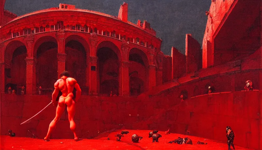 Image similar to only with red, a lightly armored gladiator in a crowded roman amphitheatre, crowd cheering, in the style of beksinski and edward hopper and rodcenko and yue minjun and artgerm, intricate and epic composition, red by caravaggio, highly detailed, masterpiece, red light, artstation, art nouveau