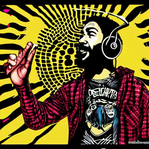 Image similar to artgerm, psychedelic ben harper, rocking out, headphones dj rave, digital artwork, r. crumb, svg vector