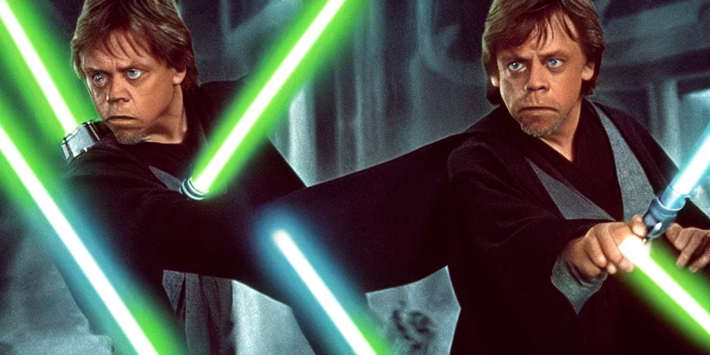 Image similar to A full color still of Mark Hamill as Jedi Master Luke Skywalker and his green lightsaber having a lightsaber battle with Sith Lords and their red lightsabers, with large windows showing a sci-fi city outside, at dusk at golden hour, from The Phantom Menace, directed by Steven Spielberg, 1997