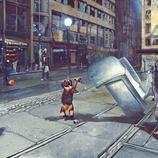 Prompt: a chimpanzee picking up pennies in a city street with a steam roller headed towards him, depth of field, fashion photoshoot by nicoletta ceccoli, mark ryden, lostfish, dan decarlo, bob clampett, max fleischer, breathtaking, detailed and intricate environment, 8 k resolution, hyperrealistic, octane render