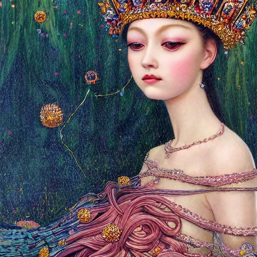 Prompt: queen empress girl, crown, sparkles, long dress covered skin, botanical, portrait face, colorful, kupka, intricate, miles johnston, kuroda seiki, cynical realism, ozabu, john william godward, painterly, moebius, miles johnston, louise zhang, james jean, mark ryden lowbrow pop surrealism art style