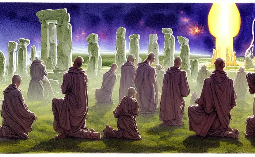 Image similar to a hyperrealist watercolour character concept art portrait of a group of catholic european monks kneeling down in prayer to a tall elegant lovecraftian alien on a misty night in stone henge. a battlecruiser starship is in the background. by rebecca guay, michael kaluta, charles vess and jean moebius giraud