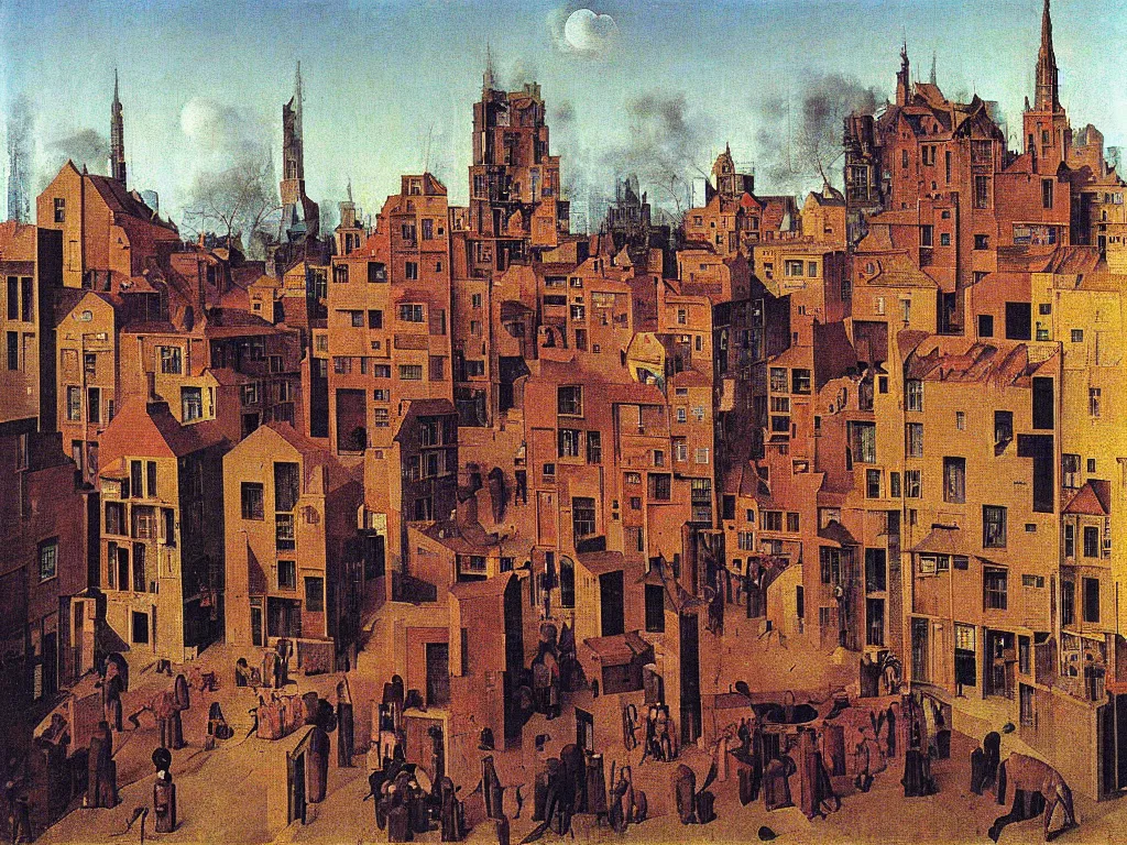 Image similar to The periphery, Communist neighborhood in the afternoon. Painting by Jan van Eyck, Rene Magritte, Jean Delville, Max Ernst, Beksinski