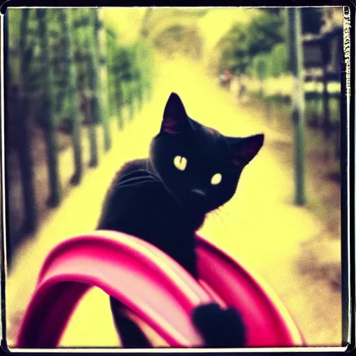 Prompt: happy black cat on a rollercoaster looping. focus on the cat. sunlight. polaroid photo. vivid colors.