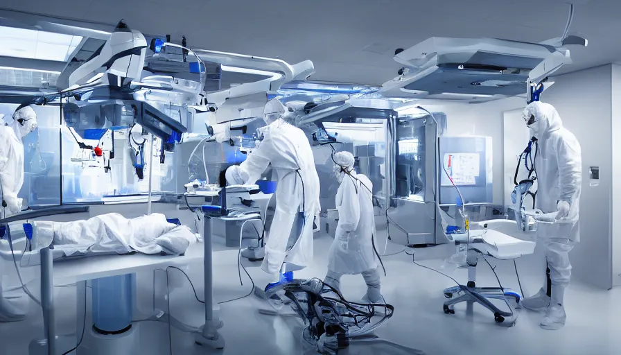 Image similar to ai machines experiment with human surgeries, future, laboratory in the year 2 1 2 1, shiny glossy white machines 8 k /