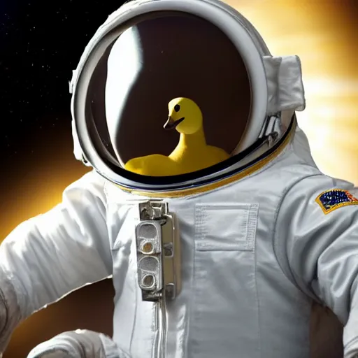 Image similar to A still of a little duckling dressed as an astronaut floating in space, 4k, photograph, photoreal, realistic, highly detailed, epic lighting, awar winning